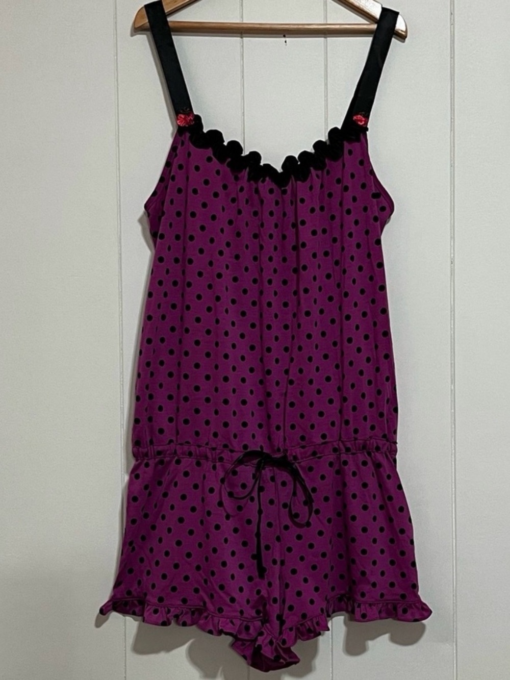 Betsey Johnson Purple Polka Dot Ruffle Romper Pajama - Picture 2 of 9